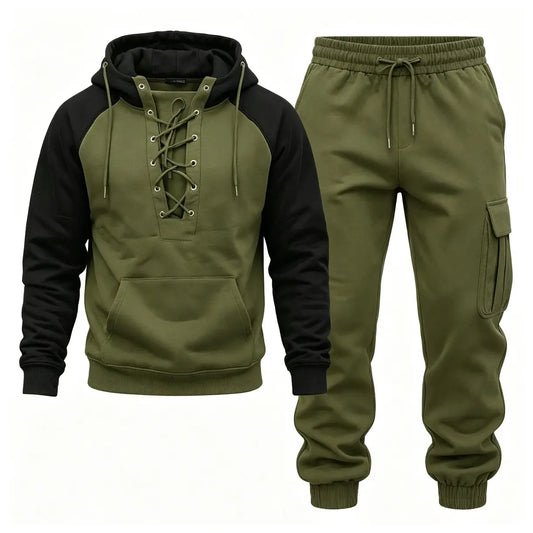 Men's 2-Piece Casual Tracksuit Set with Lace-Up Hoodie and Cargo Jogger Pants