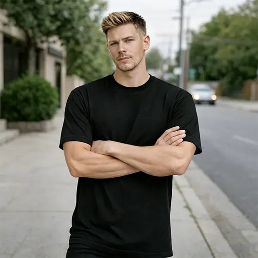 Men's Black Crew Neck T-Shirt,Short Sleeve